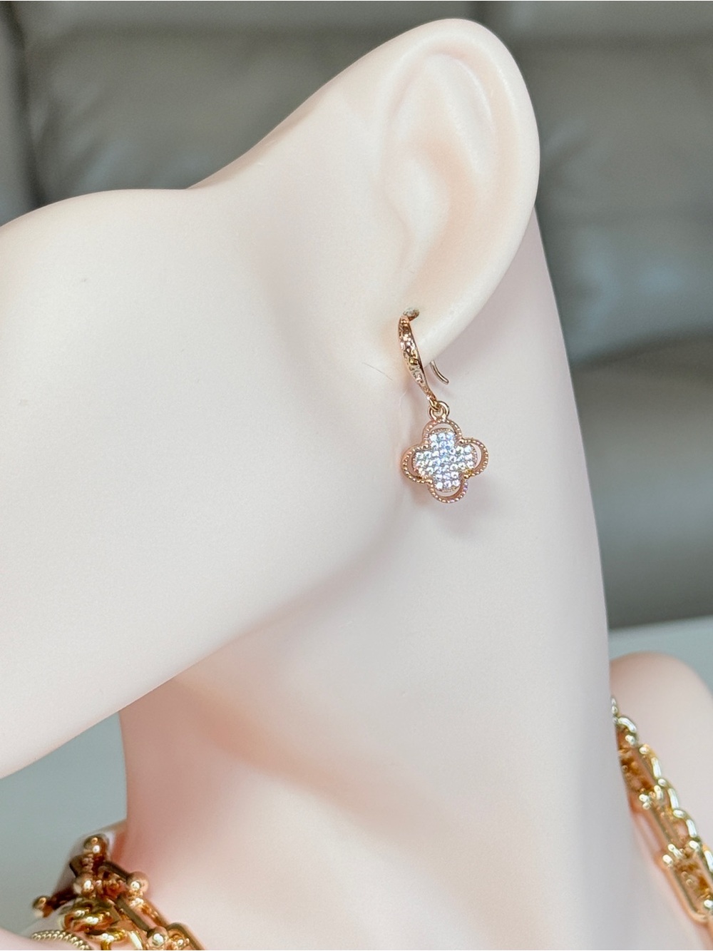 Rose Gold Clover Drop Earrings with Zirconia